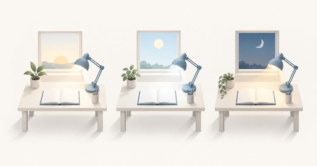 Three identical desks with blue lamps, plants and open books under windows showing sunrise, midday sun and a night moon, each lit in a different warmth of light