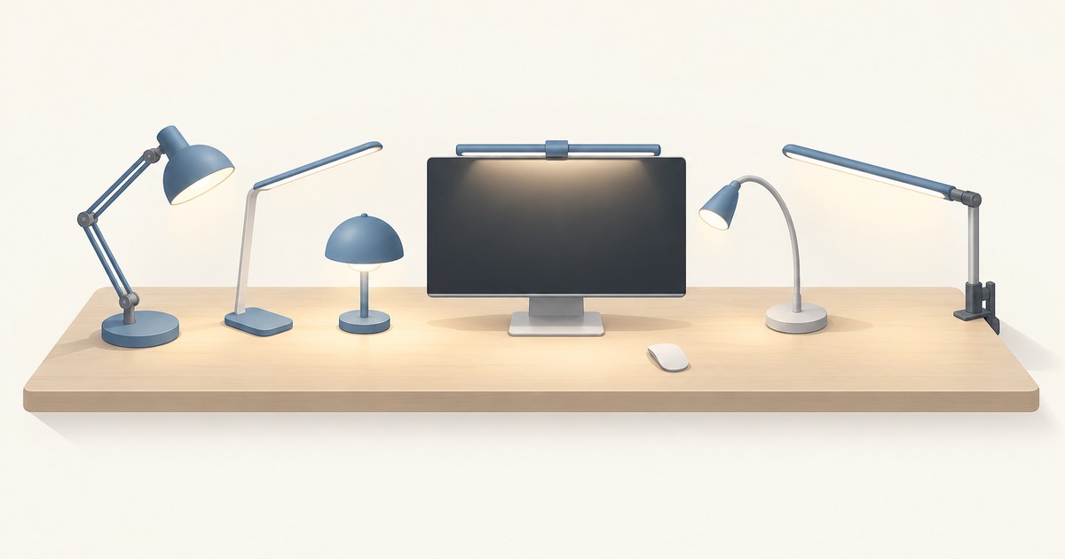 Six blue and gray desk lamps, including an architect lamp, gooseneck, mushroom lamp, clamp arm and monitor light bar, around a monitor on a wooden desk