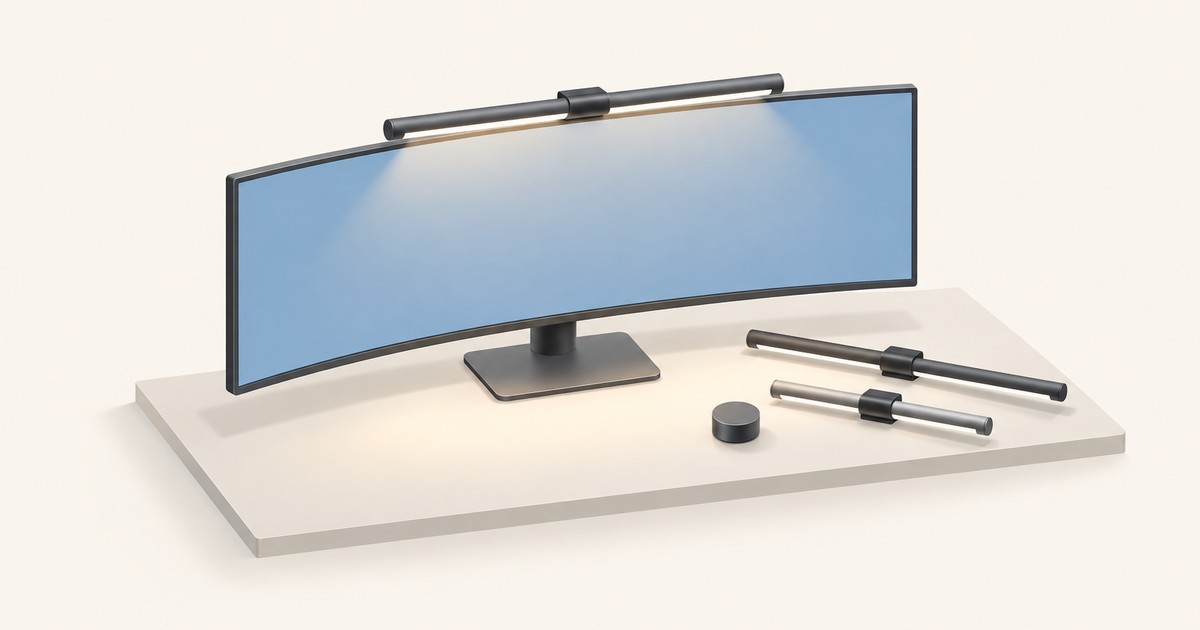 Curved ultrawide monitor with a glowing light bar clipped on top, sitting on a desk beside two spare light bars of different lengths and a round puck controller