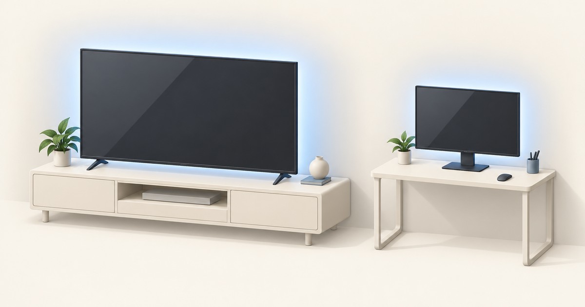 Large TV on a cream media console and a smaller monitor on a desk, both with soft blue bias lighting glowing on the wall behind them