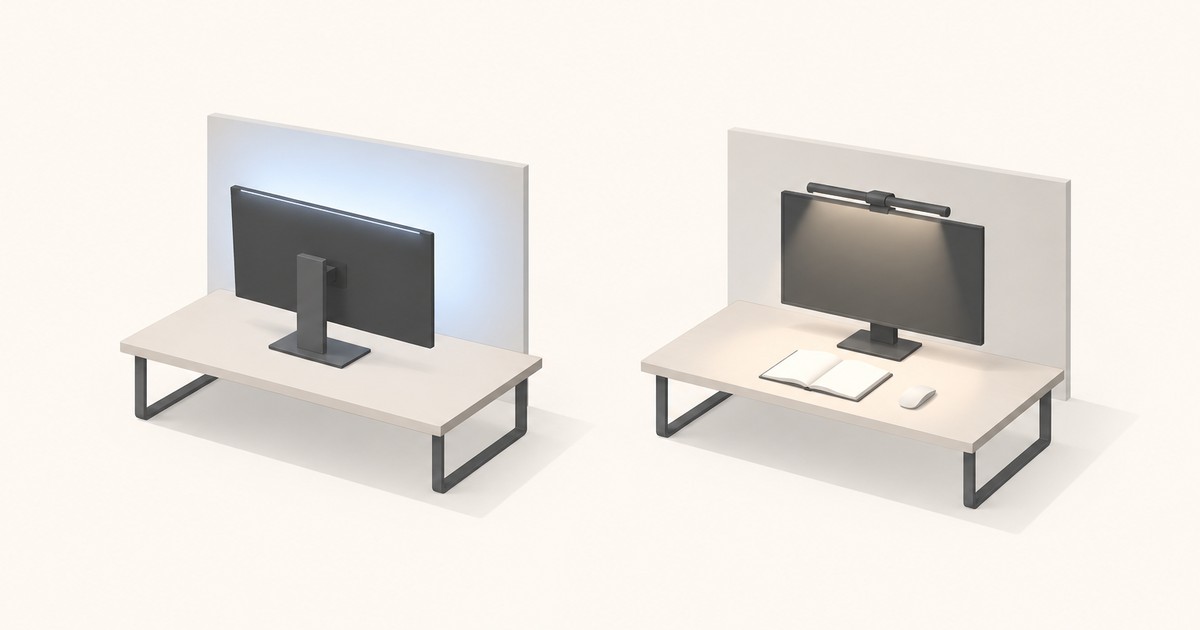 Two desk setups side by side: a monitor seen from behind casting cool blue bias glow on the wall, and a monitor with a light bar lighting an open notebook and mouse
