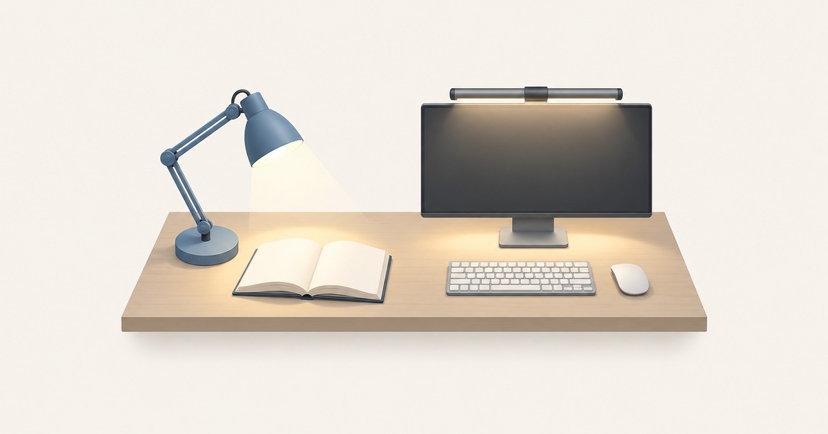 A blue articulated desk lamp lights an open book beside a monitor topped with a glowing light bar, with keyboard and mouse on a wooden desk.