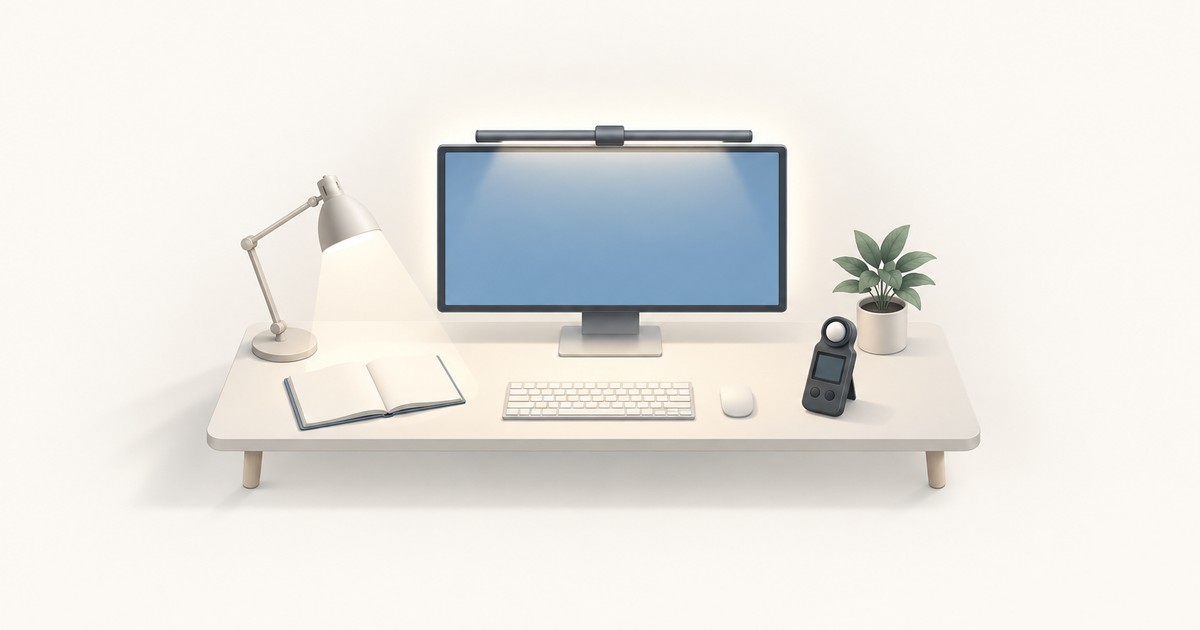 Minimal desk with a monitor topped by a screen light bar, an angled lamp over an open notebook, a keyboard, mouse, plant, and a handheld light meter