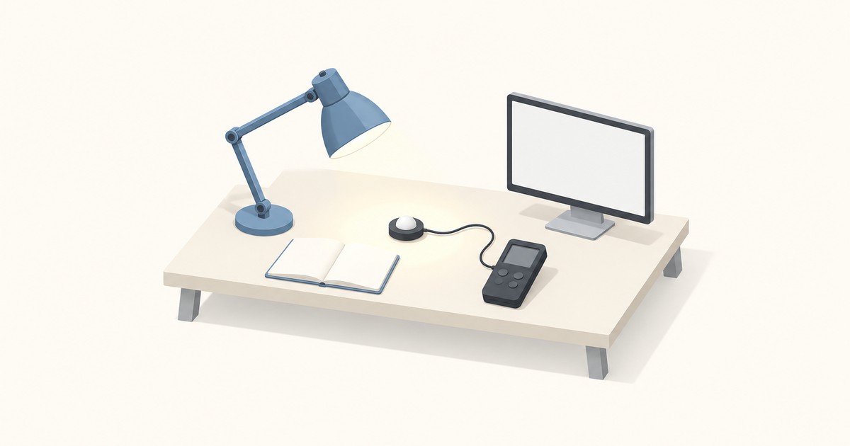Flat illustration of a desk with a blue lamp lighting a lux meter sensor dome cabled to a handheld reader, beside an open notebook and a monitor.