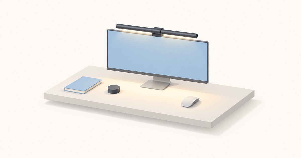 Black light bar clipped atop a wide monitor casting warm light onto a white desk with a blue notebook, round control dial, and white mouse