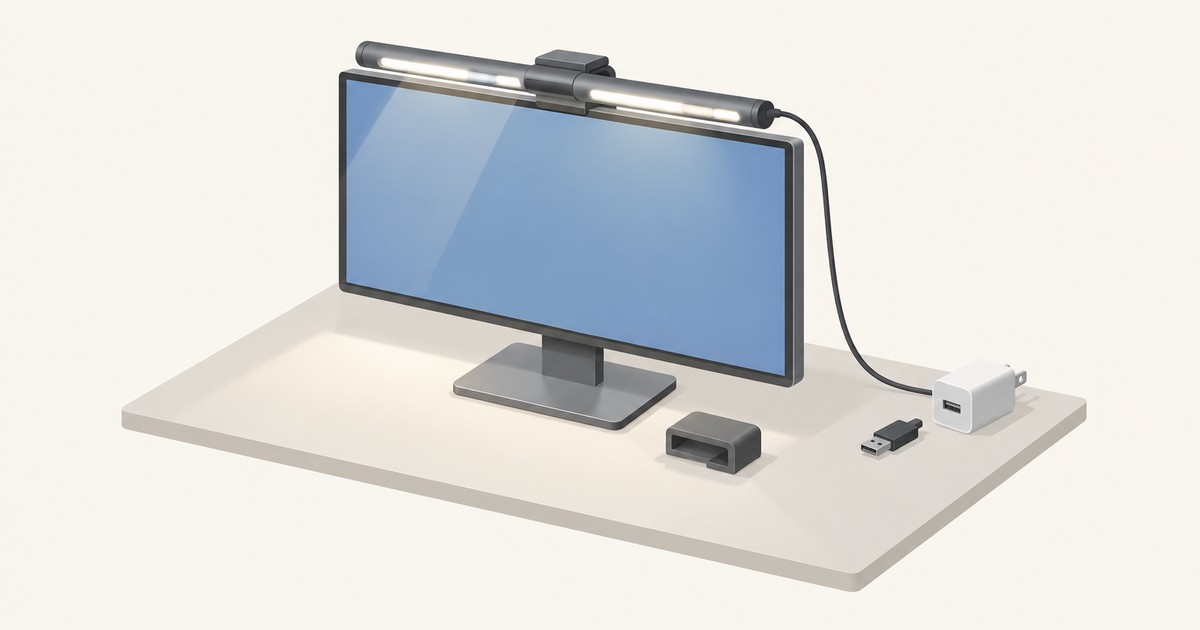 Glowing light bar clipped atop a widescreen monitor on a desk, its cable running to a white USB wall adapter beside a loose USB plug and a spare clamp piece