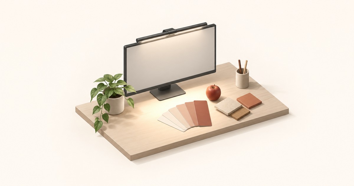 Monitor light bar shining warm light on a wooden desk with fanned skin-tone color swatches, a red apple, material samples and a potted pothos plant